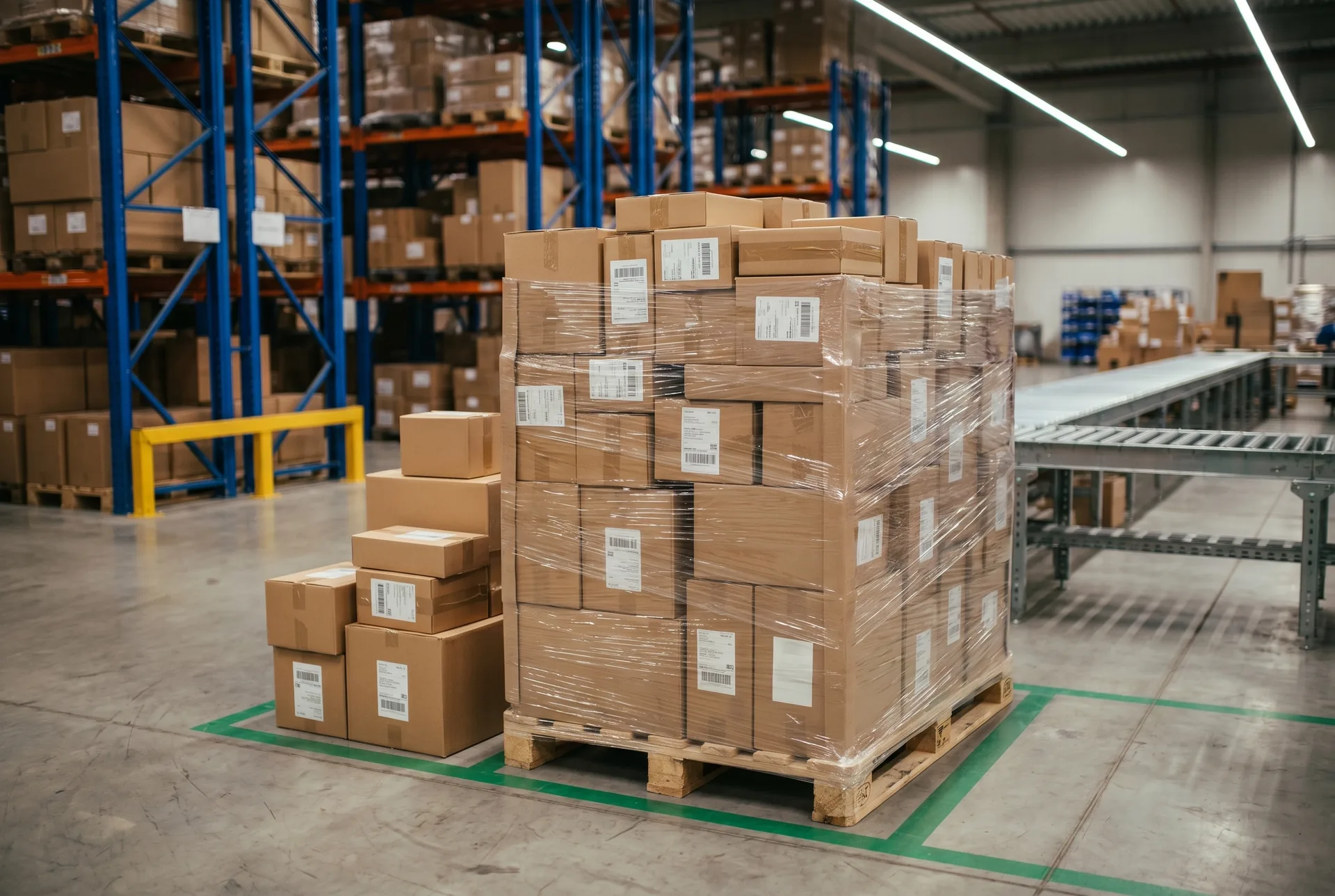 widem-ecommerce-parcels-ready-to-ship-fulfilment Pallet of shrink-wrapped, labelled cartons ready for retail delivery