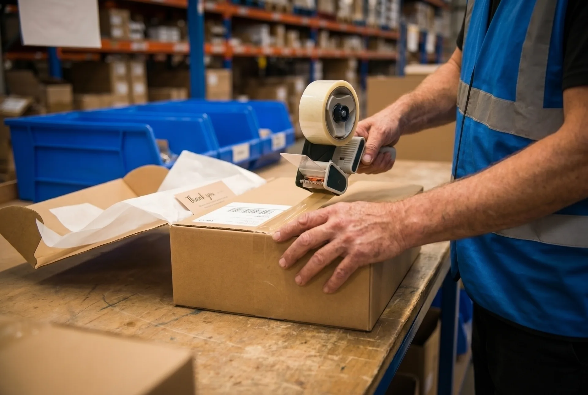 widem-pick-and-pack-ecommerce-order-packing Packer taping a shipping box with tissue paper and a thank-you card inside