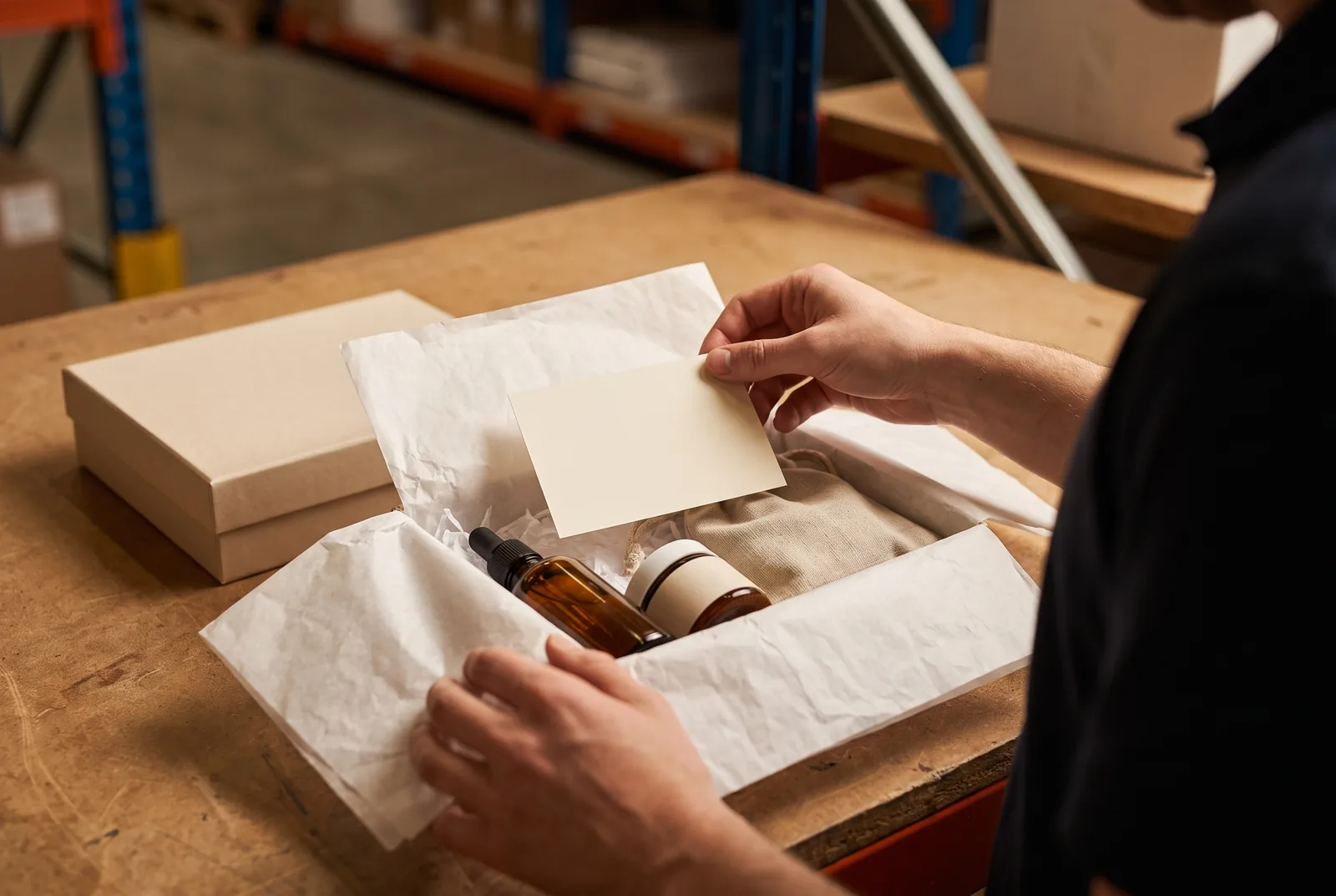 widem-beauty-giftset-assembly Packer adding an insert card to an order with a serum bottle and a jar