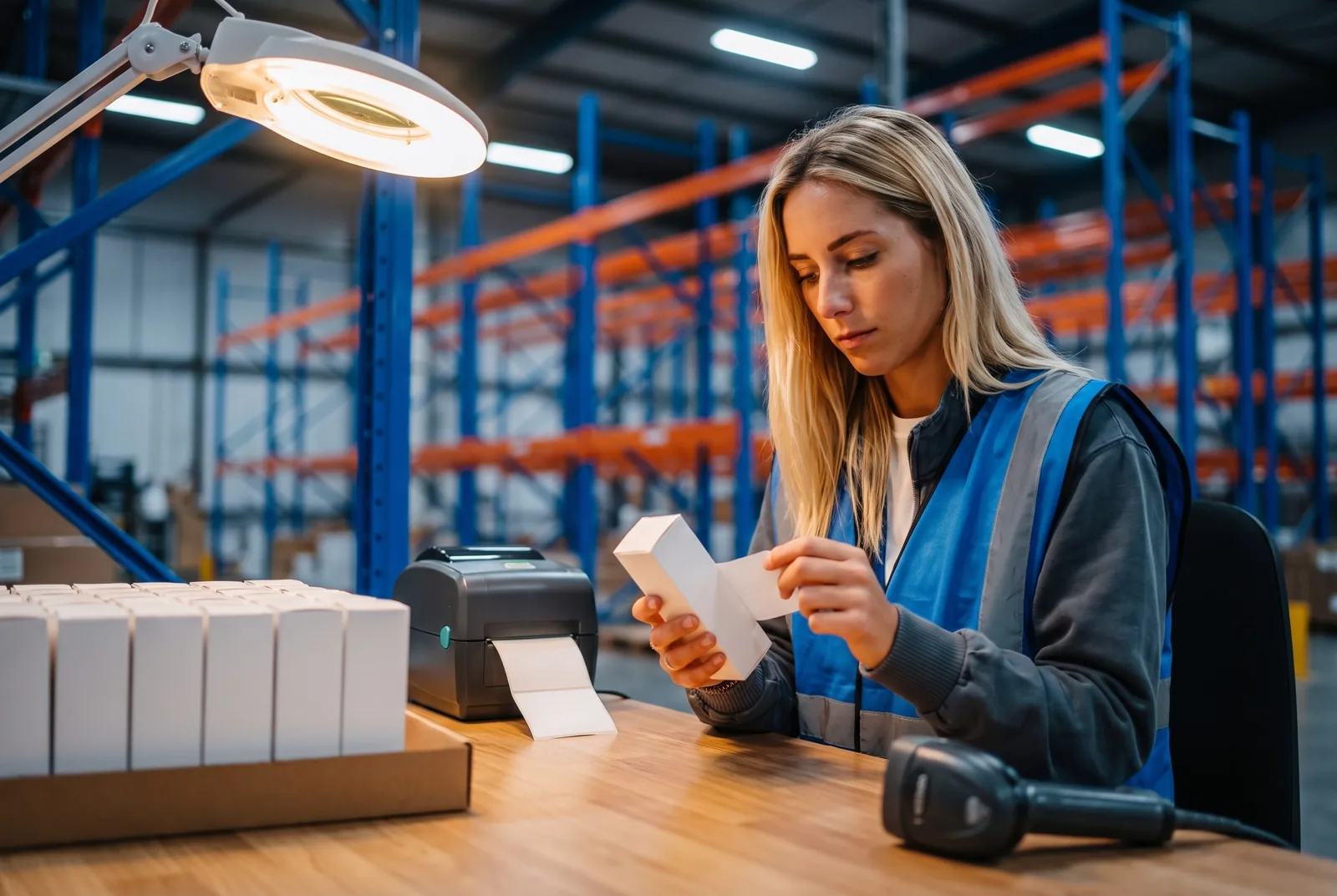 widem-cosmetics-quality-control-labelling Warehouse operator checking small white product boxes at a desk with a label printer and scanner
