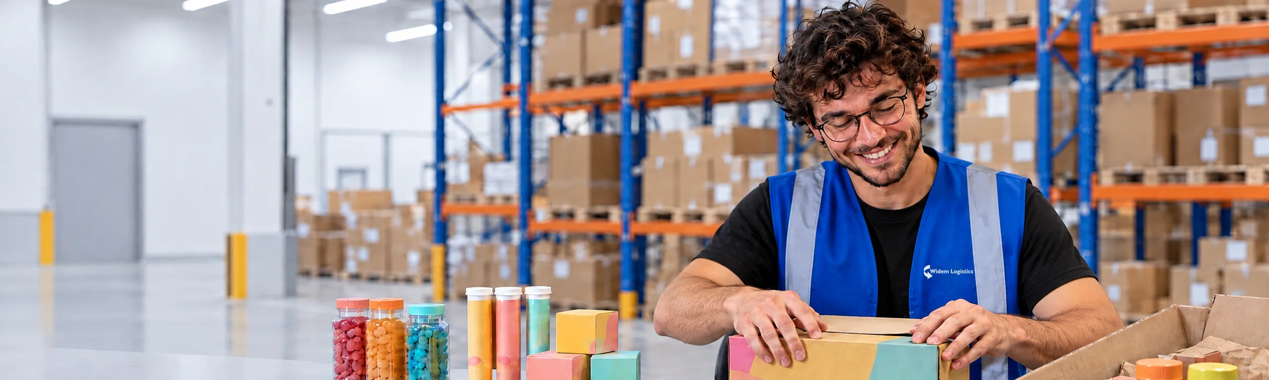 Widem supplements fulfilment packing hero Smiling Widem colleague in a blue Widem vest packing colourful vitamin supplements into a shipping box in a bright warehouse